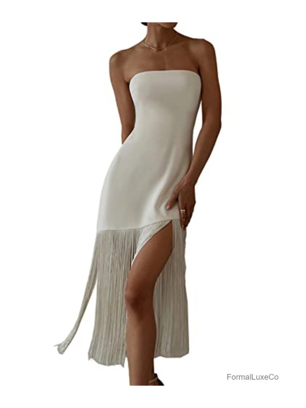 Women's Strapless Tassel Bodycon Midi Dress Off Shoulder Party Cocktail Fringe